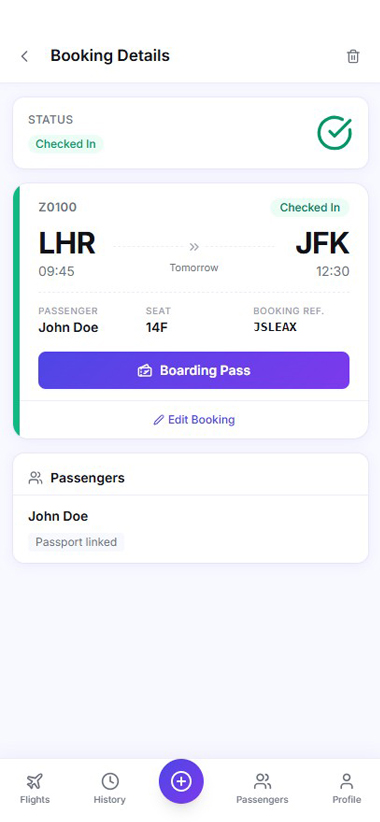 1Checkin app showing an automatically checked-in flight with boarding pass ready